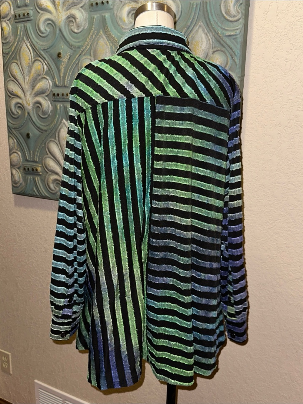 Calessa Womens XL Striped Tunic Button Front Blue Green Purple Lagenlook Artsy - Picture 5 of 11